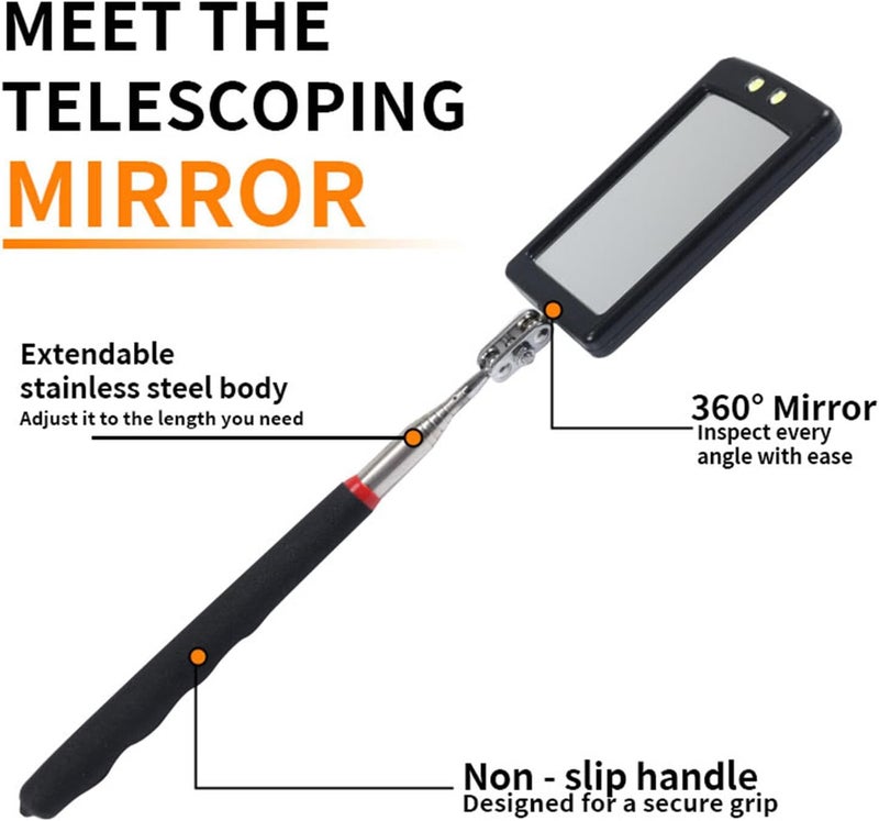 VortecSys Extendable Inspection Mirror, 360-Degree Rotation LED Inspection Mirror Telescoping, Telescoping Mirror for Mechanic Checking Vehicle and Extra Viewing - Image 2